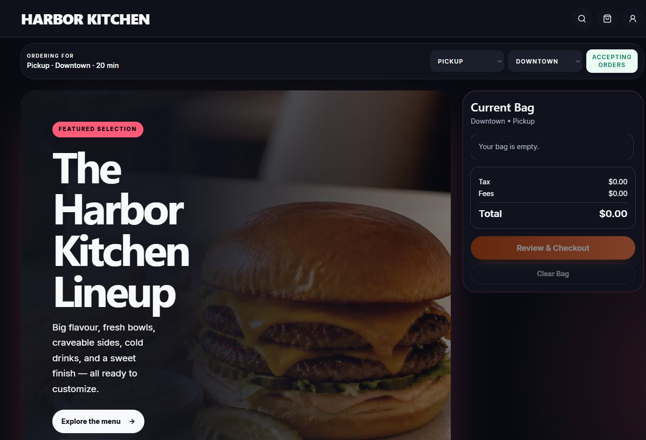 The actual LineForge customer storefront showing menu items and the current bag